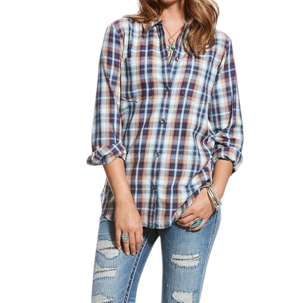 Ariat ETNA Shirt Womens Medium Blue Red Plaid Button Front Shirt Western Cowgirl